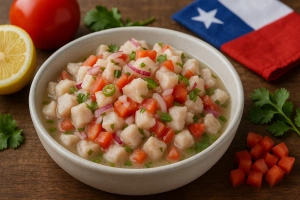 plato de ceviche chileno fresco con cebolla en cuadritos y cilantro