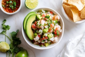 delicioso ceviche mexicano fresco y colorido en plato blanco