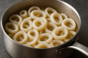 anillos de calamar sancochandose en una olla