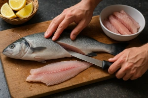 persona fileteando pescado en tabla de cocina paso a paso