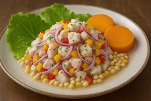 delicioso ceviche boliviano con ingredientes frescos y coloridos