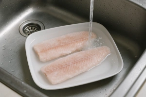 pescado descongelándose en un recipiente con agua fría