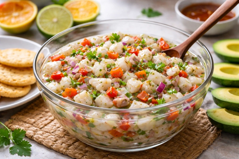 Delicioso ceviche costarricense con frescos ingredientes marinos