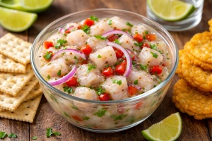Delicioso ceviche panameño servido en un plato colorido