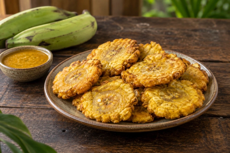 Patacones dorados con guacamole y salsa criolla en plato rústico
