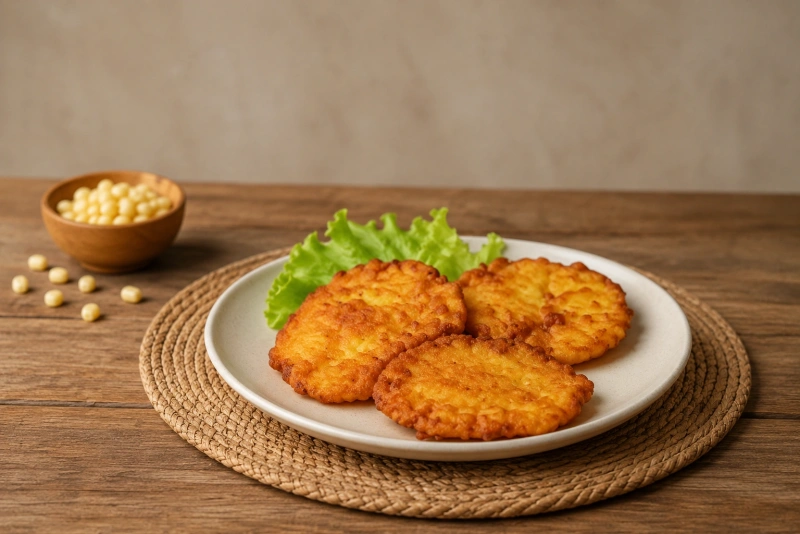 Tortitas doradas con maíz fresco y cilantro sobre plato rústico