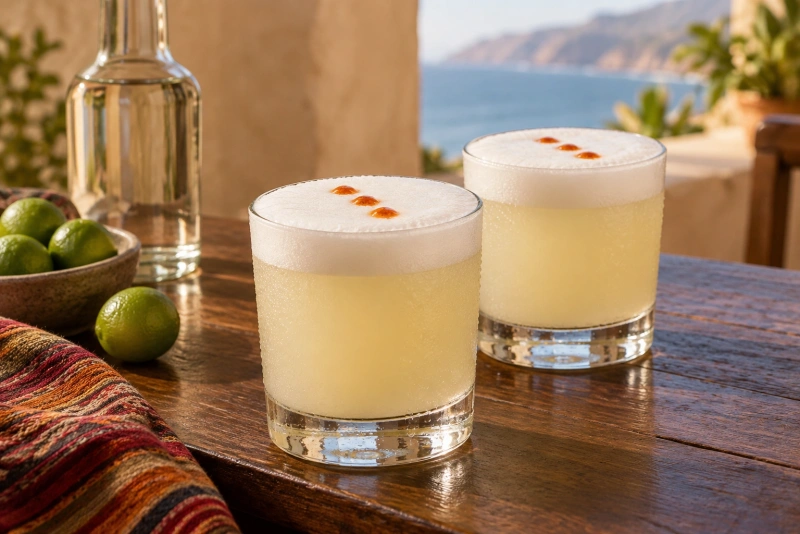 Vasos con pisco sour espumoso en mesa costera de Perú